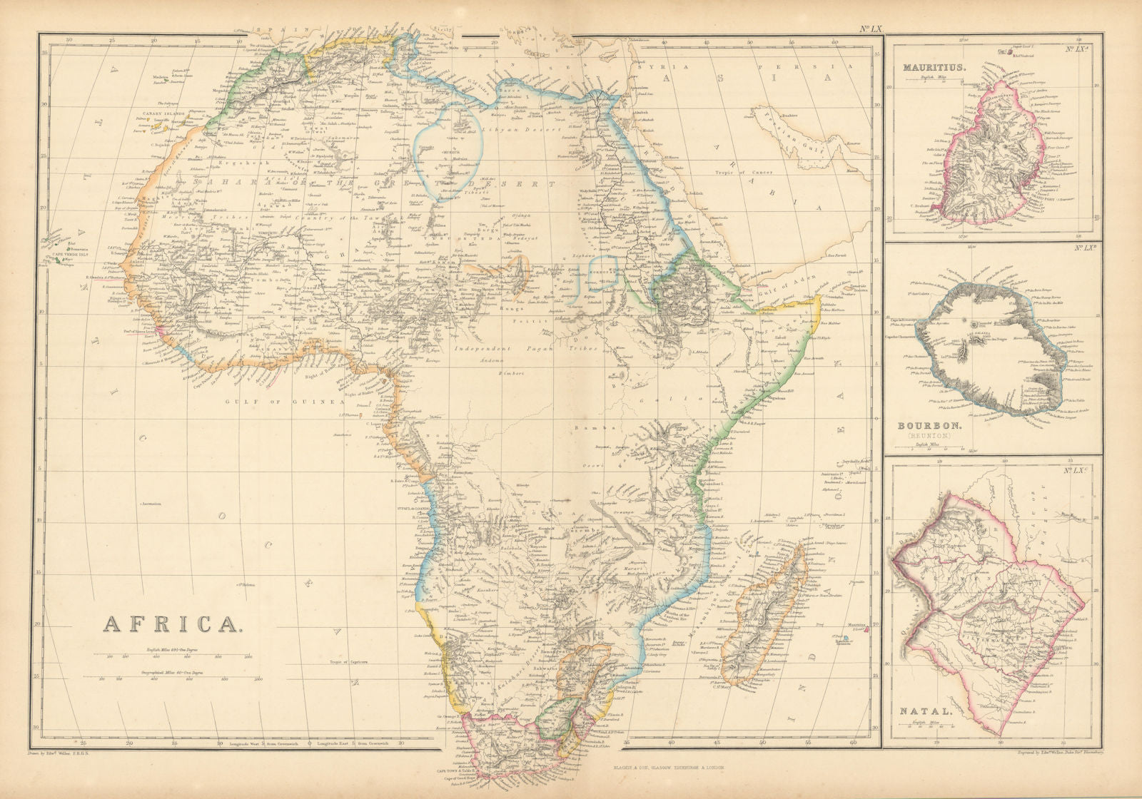 Africa. Mauritius, Bourbon (Reunion) & Natal by Edward Weller 1859 old map